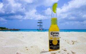 bottle, beer, nature, beach, drink, beverage, cold, transparent, refreshment, cool, holidays, vacation, tall, ship, corona, blue beach, blue bottle
