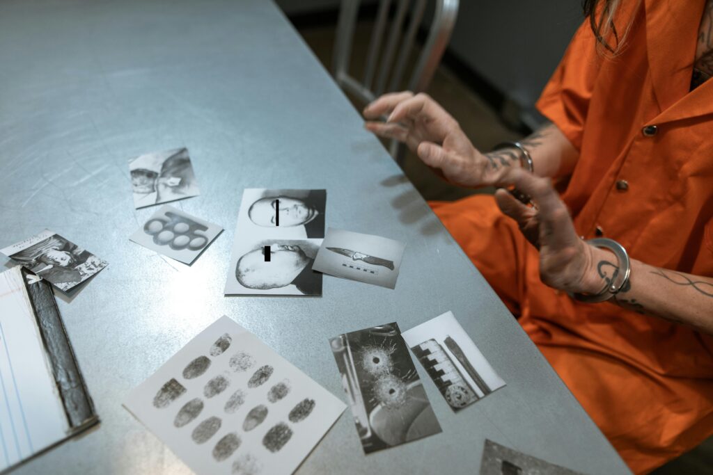 True Crime A prisoner in an orange jumpsuit reviews crime scene photos in a jail interrogation room.